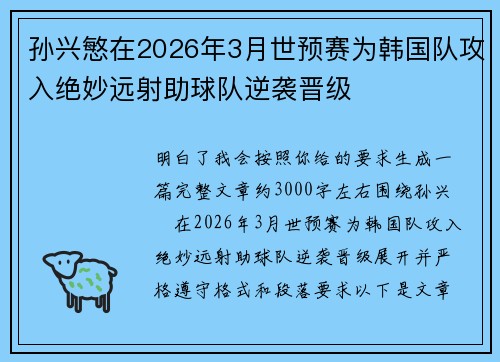 孙兴慜在2026年3月世预赛为韩国队攻入绝妙远射助球队逆袭晋级 孙兴慜在2026年3月世预赛为韩国队攻入绝妙远射助球队逆袭晋级